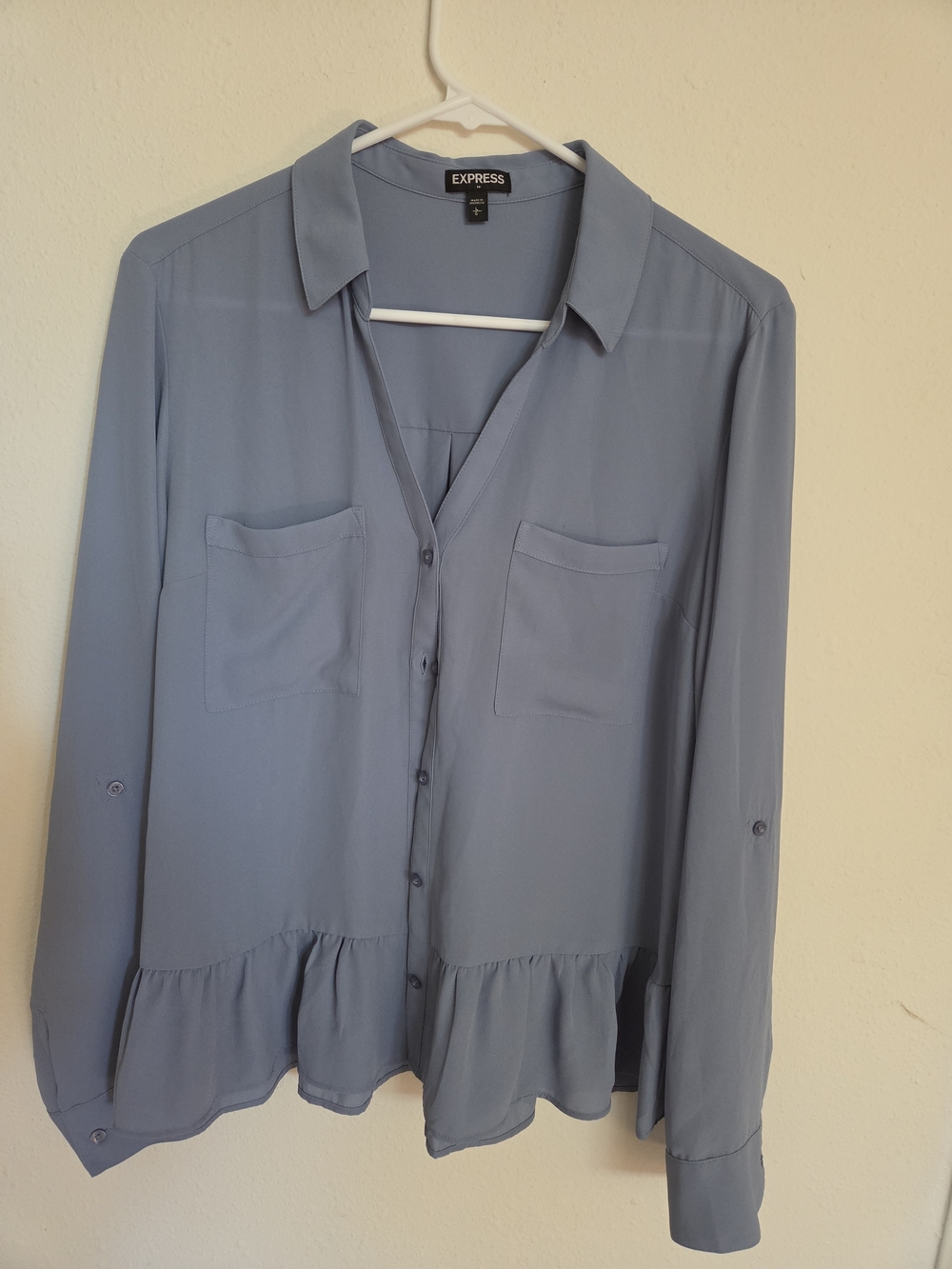 Express Dusty Blue Ruffle-Hem Button-Up Blouse